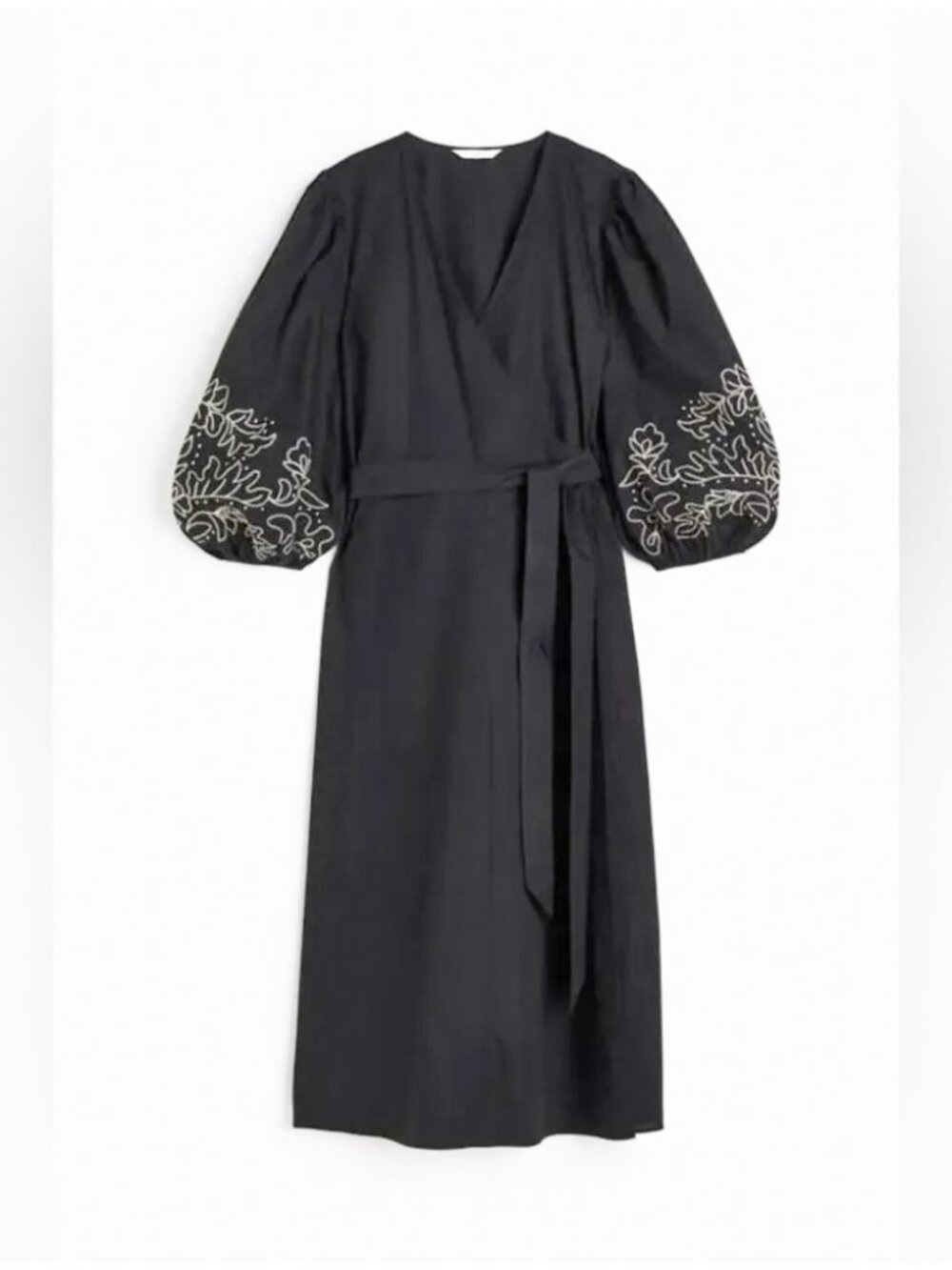 H&M Black Embroidered Balloon Sleeve Wrap Dress Large/XL